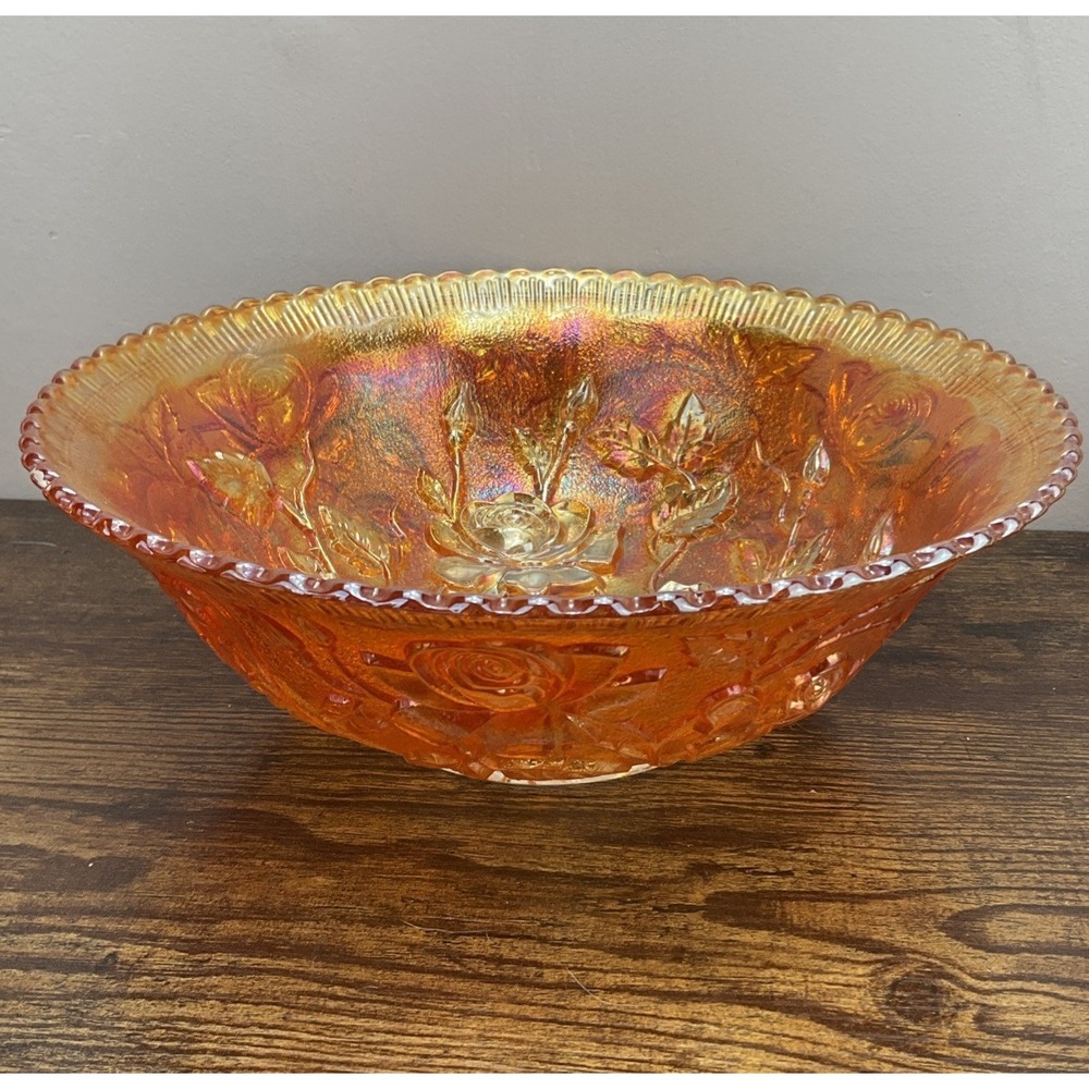 Imperial Amber / Marigold Clear Base Open Rose, Carnival Glass Bowl 10 inches